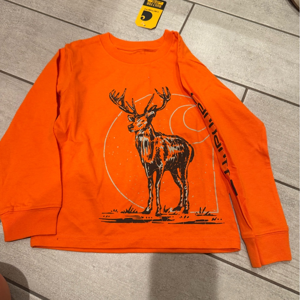 Carhartt Orange Crewneck Shirt with Black Deer Graphic